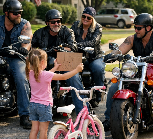 原本應該只是郊區一條普通街道上又一個平靜的午後，直到一個六歲的小女孩推著她唯一的粉色自行車走上前，舉起一塊手寫的“出售”牌子，讓四位路過的摩托車手做了一件他們始料未及的事——停了下來。