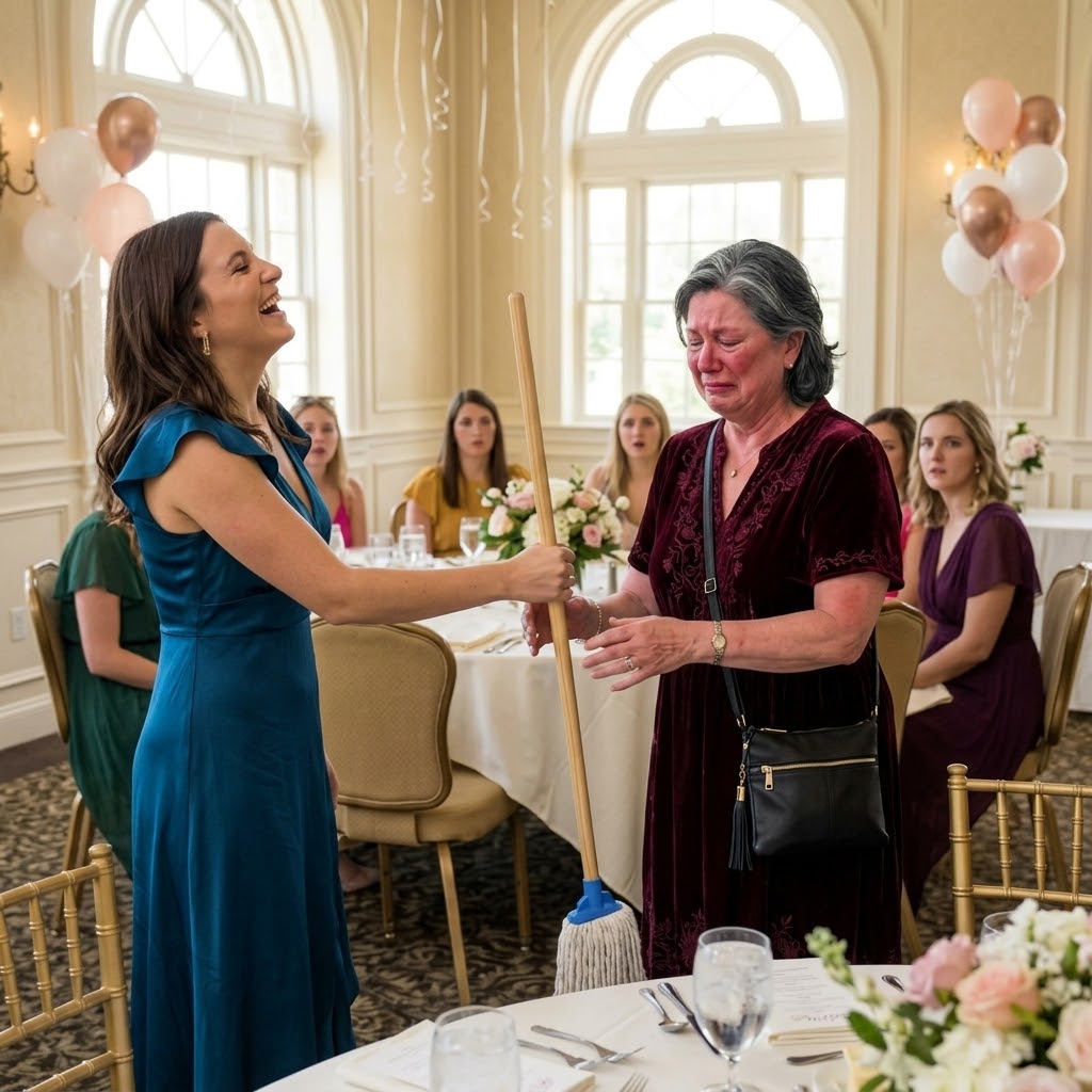 « Gagne ta nourriture ! » — Ma future belle-fille m’a tendu une serpillière devant vingt invités. Le « cadeau » que j’ai sorti de mon sac à main l’a fait pâlir.