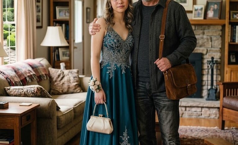 Mein Vater nähte mir ein Kleid aus dem Hochzeitskleid meiner verstorbenen Mutter für den Abschlussball – meine Lehrerin lachte, bis ein Polizist hereinkam.