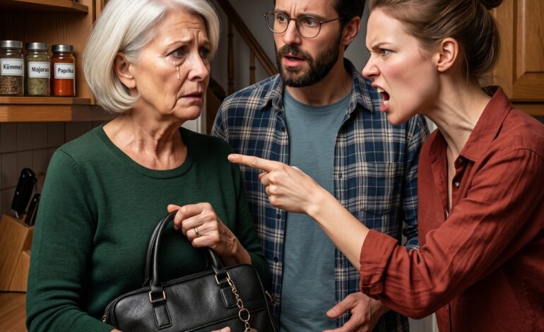Ja, ich habe selbst gesehen, wie deine Mutter meine Schmuckstücke aus der Schmuckschatulle in ihre Tasche gelegt hat, also soll sie alles wieder herausnehmen, sonst werde ich diese Tasche zusammen mit deiner Mutter ausräumen!