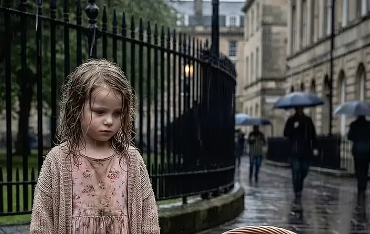 Das obdachlose Mädchen und die drei Babys im Regen