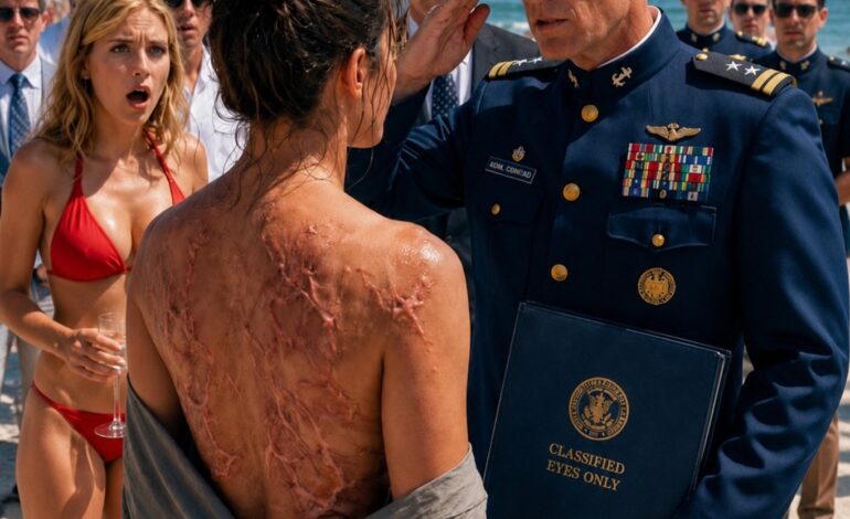 „Moja siostra na luksusowej plaży, na oczach oficerów marynarki wojennej, szarpnęła mnie za koszulę i zerwała ją z moich pleców, po czym wybuchnęła śmiechem na widok blizn pokrywających moje ciało. Mój ojciec stał obok w milczeniu, podczas gdy wszyscy patrzyli na mnie tak, jakbym była kimś złamanym i upadłym. Przez pięć lat traktowali mnie jak zhańbioną nieudacznicę, która zniknęła z wojska ze wstydu. Jednak kilka sekund później przez piasek przeszedł admirał, spojrzał prosto na moje blizny i zasalutował mi słowami, które sprawiły, że cała plaża zamilkła:  — Szukałem pani przez pięć lat.”