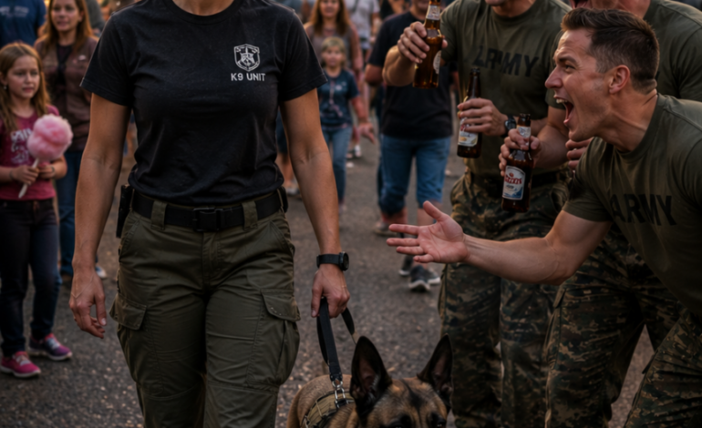 „Vergiss es – dein Hund wird dich nicht retten“, höhnte der betrunkene Soldat… bis der Diensthund wie eine gespannte Pistole zuschnappte.
