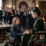 Als das kleine Mädchen langsam und scheinbar verloren den prächtig geschmückten Ballsaal durchquerte, spielte das Orchester ununterbrochen weiter und die Kronleuchter funkelten wie zuvor – doch plötzlich schien die Zeit für alle Anwesenden stillzustehen. Gespräche verstummten, Gäste drehten sich überrascht um, und selbst die fröhliche Atmosphäre des Abends verwandelte sich in gespannte Stille. Niemand verstand, warum die Anwesenheit dieses Kindes eine so starke Wirkung auf den Raum hatte, bis ein einziger Blick, eine unerwartete Reaktion und ein lange verborgenes Geheimnis die Wahrheit ans Licht brachten. Was als glanzvolle Feier begonnen hatte, entwickelte sich innerhalb weniger Augenblicke zu einem emotionalen Drama voller Erinnerungen, unerwarteter Enthüllungen und einer Geschichte, die niemand jemals vergessen würde.