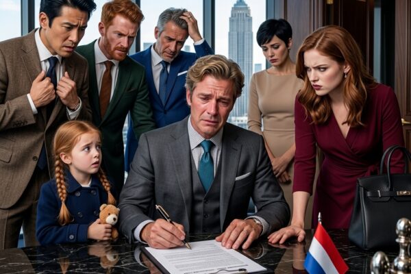 Terwijl adviseurs, zakenpartners en juristen de miljardair onder druk zetten om eindelijk een uiterst belangrijk contract te ondertekenen, leek niemand te twijfelen aan de deal die voor hem lag. Alles wees erop dat één handtekening hem nog rijker en machtiger zou maken. Maar midden in de gespannen vergadering merkte zijn kleine dochter iets op wat geen enkele volwassene had gezien: een vreemde glimlach die haar onmiddellijk wantrouwig maakte. Net toen haar vader de pen wilde neerzetten op het papier, sprong ze overeind en riep luid: “Papa, niet tekenen! Dat is een val!” Wat volgde was een schokkende onthulling die een zorgvuldig verborgen complot blootlegde en voorkwam dat het imperium van de miljardair én de toekomst van hun familie volledig zouden instorten.