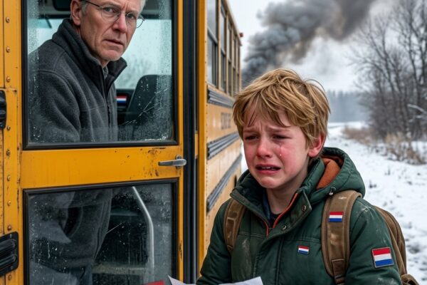 Op een bitterkoude ochtend sloot een schoolbus zonder aarzelen zijn deuren en reed weg, terwijl een tienjarige jongen hulpeloos achterbleef aan de rand van de weg met slechts een verfrommeld papiertje in zijn jaszak. Voor de meeste voorbijgangers leek het misschien een klein incident, maar één onbekende motorrijder zag iets wat anderen over het hoofd hadden gezien. In plaats van door te rijden, nam hij een onverwachte beslissing die binnen enkele minuten het verkeer tot stilstand bracht, de aandacht van de politie trok en een keten van gebeurtenissen in gang zette die niemand had kunnen voorzien. Wat begon als een gewone schoolochtend groeide uit tot een aangrijpend verhaal dat iedereen die het meemaakte dwong zich af te vragen wat werkelijk belangrijker is: blind de regels volgen of doen wat juist is.