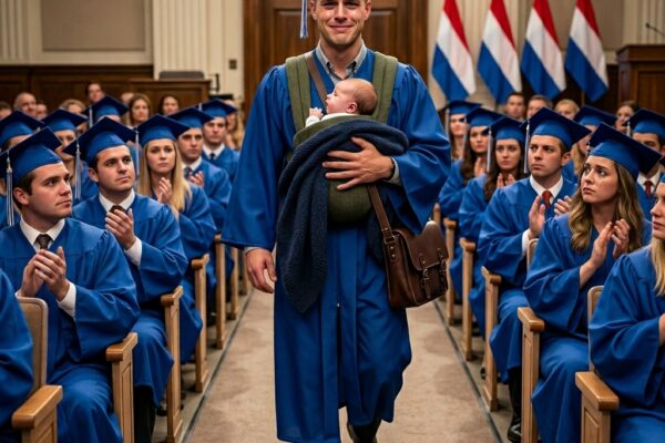 De aanwezigen konden hun gelach nauwelijks inhouden toen mijn zoon onverwacht het podium opliep met een pasgeboren baby in zijn armen. Sommigen fluisterden, anderen maakten grappen, en bijna iedereen dacht dat ze al begrepen wat er aan de hand was. Maar niemand was voorbereid op wat er daarna zou gebeuren. Terwijl de zaal gevuld was met nieuwsgierige blikken en stille oordelen, nam mijn zoon een diepe ademhaling en sprak enkele woorden uit die de sfeer in één klap volledig veranderden. Het gelach verstomde onmiddellijk, gezichten verstakten van ongeloof en een verborgen waarheid begon zich te ontvouwen. Wat volgde was een emotionele onthulling die niet alleen de aanwezigen sprakeloos achterliet, maar ook geheimen blootlegde die jarenlang verborgen waren gebleven.
