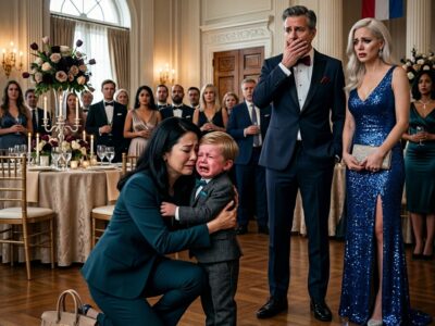 Tijdens het luxueuze verlovingsfeest van zijn vader zat een stil jongetje alleen tussen de gasten, bijna onzichtbaar voor iedereen die aanwezig was. Terwijl champagne vloeide, muziek speelde en de toekomstige bruid alle aandacht kreeg, leek niemand zich echt om het kind te bekommeren. Hij werd behandeld alsof hij er niet toe deed, alsof hij slechts een vergeten detail was in een zorgvuldig geënsceneerde avond. Maar plotseling veranderde alles. Midden in de feestelijke drukte sprong het jongetje overeind, rende dwars door de zaal en wierp zich huilend in de armen van een eenvoudige dienstmeid. Toen hij luid “Mama!” riep, verstijfden de gasten van ongeloof. Gesprekken vielen stil, glazen bleven halverwege in de lucht hangen en geschokte blikken richtten zich op de vrouw die niemand aandacht had gegeven. Wat daarna aan het licht kwam, onthulde een verborgen waarheid die jarenlang was verzwegen en dreigde het verlovingsfeest, de familie en de zorgvuldig opgebouwde reputatie van zijn vader volledig te verwoesten.