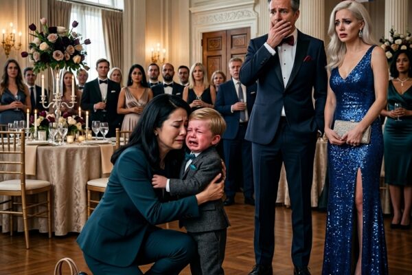 Tijdens het luxueuze verlovingsfeest van zijn vader zat een stil jongetje alleen tussen de gasten, bijna onzichtbaar voor iedereen die aanwezig was. Terwijl champagne vloeide, muziek speelde en de toekomstige bruid alle aandacht kreeg, leek niemand zich echt om het kind te bekommeren. Hij werd behandeld alsof hij er niet toe deed, alsof hij slechts een vergeten detail was in een zorgvuldig geënsceneerde avond. Maar plotseling veranderde alles. Midden in de feestelijke drukte sprong het jongetje overeind, rende dwars door de zaal en wierp zich huilend in de armen van een eenvoudige dienstmeid. Toen hij luid “Mama!” riep, verstijfden de gasten van ongeloof. Gesprekken vielen stil, glazen bleven halverwege in de lucht hangen en geschokte blikken richtten zich op de vrouw die niemand aandacht had gegeven. Wat daarna aan het licht kwam, onthulde een verborgen waarheid die jarenlang was verzwegen en dreigde het verlovingsfeest, de familie en de zorgvuldig opgebouwde reputatie van zijn vader volledig te verwoesten.