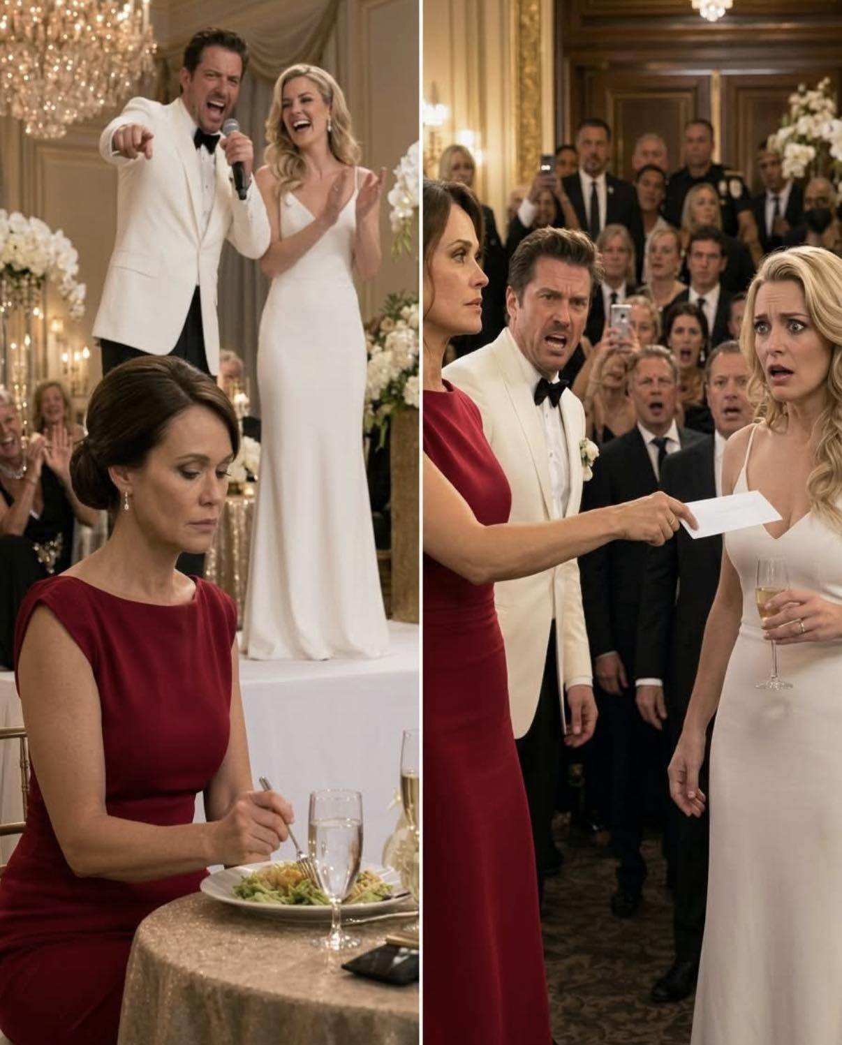 Die Frau im roten Kleid saß schweigend auf der Hochzeit ihres Ex-Mannes – bis sie plötzlich einen Umschlag hervorholte und der strahlenden Braut überreichte. Sekunden später erstarrte der ganze Saal, die Musik verstummte, die Gäste hielten den Atem an, und das Geheimnis auf einem einzigen Blatt Papier ließ eine perfekt inszenierte Traumhochzeit vor den Augen aller in sich zusammenbrechen.