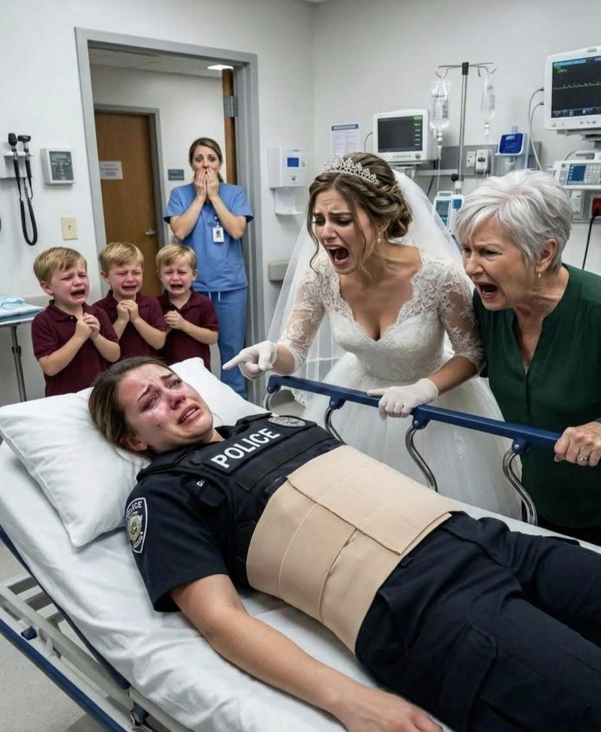„Am Tag ihrer Hochzeit stürmte die Braut noch im weißen Kleid ins Krankenhaus, nachdem sie einen verzweifelten Anruf erhalten hatte – doch als sie das Krankenzimmer betrat und die verletzte Polizistin auf dem Bett sah, brach sie zusammen. Die schockierende Wahrheit, die wenige Sekunden später ans Licht kam, ließ eine ganze Familie in Tränen ausbrechen.“
